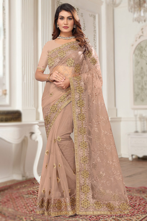 Net Zari Embroidered Oat Beige Light Weight Saree