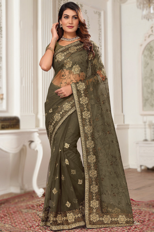 Net Zari Embroidered Olive Brown Light Weight Saree