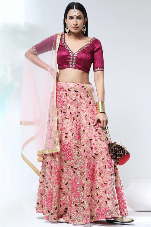Net Zari Embroidered Pastel Pink A Line Style Lehenga