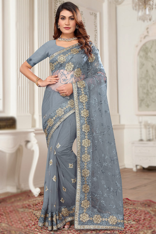 Net Zari Embroidered Steel Grey Light Weight Saree