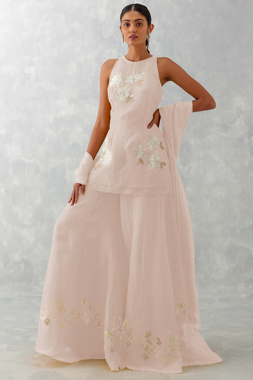 Light Peach Dori Embroidered Organza Sharara Suit For Women