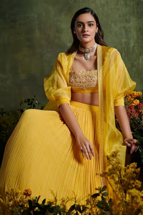 Georgette Mustard Yellow Flared Style Plain Lehenga 