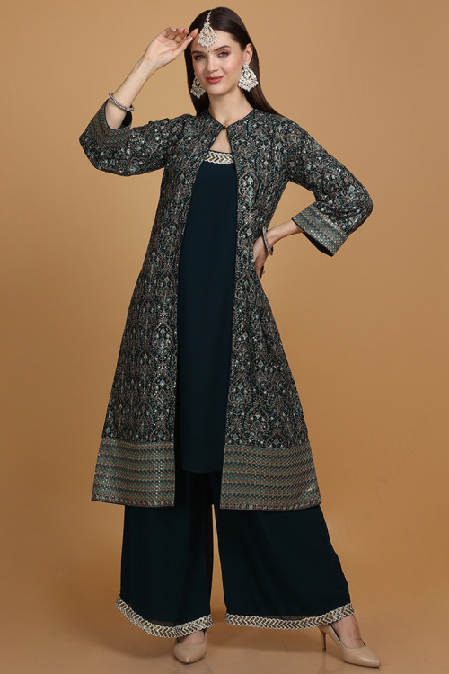 Georgette Printed Green and Mustard Jacket Style Salwar Suit buy online -