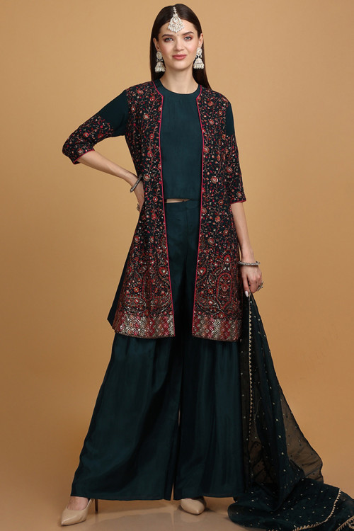 Silk Teal Green Eid Palazzo Suit With Embroidered Jacket
