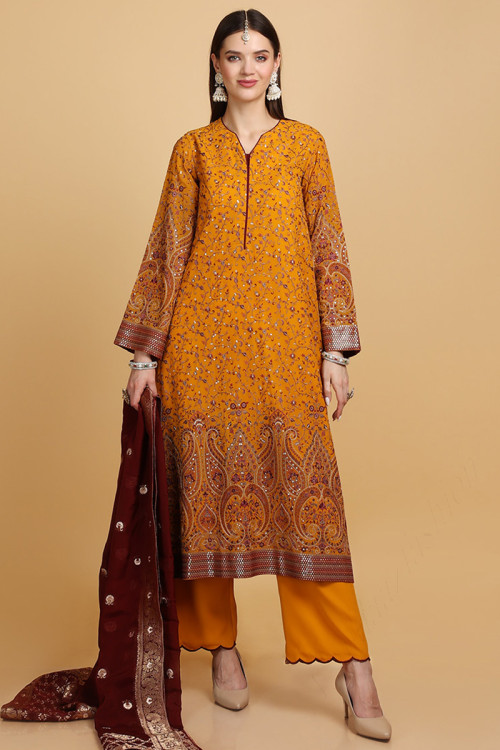 Embroidered Georgette Mustard Yellow A-Line Suit for Eid