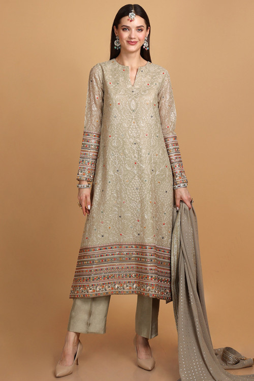 Embroidered Georgette Greenish Grey Pakistani Suit for Eid