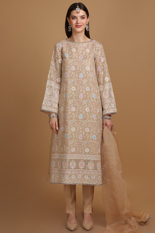 Pakistani Georgette Trouser Suit for Eid in Beige with Elegant Embroidery 