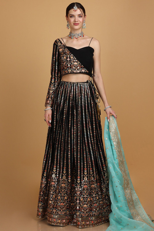 Buy Black Raw Silk Embroidery Sweetheart Neck Off Shoulder Lehenga Set For  Women by PARUL GANDHI Online at Aza Fashions.
