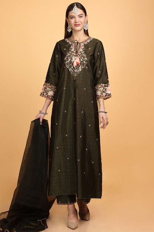 Army Green Art Silk A Line Embroidered Suit for Eid