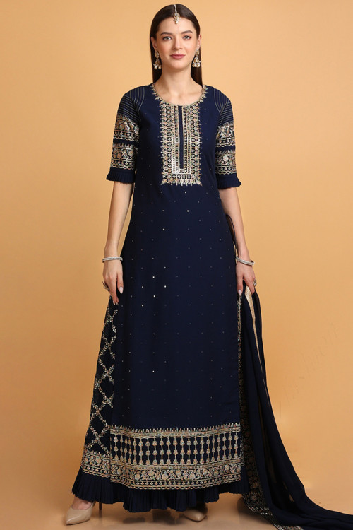 Thread Embroidered Georgette Navy Blue Sharara Suit for Eid