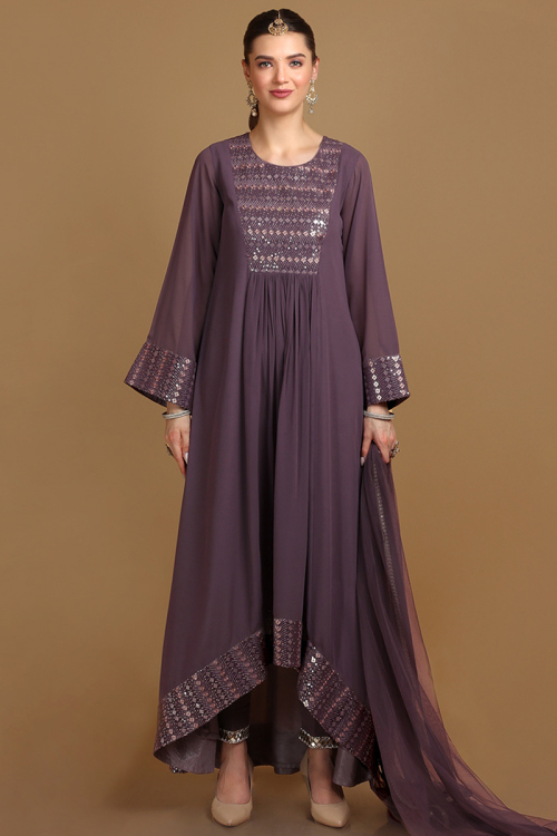 Resham Embroidered Georgette Taupe Mauve Trouser Suit for Wedding & Party