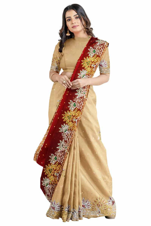 Oat Beige Art Silk Embroidered Saree