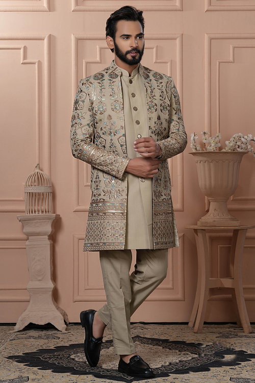Oat Beige Art Silk Men's Sherwani With Embroidered Jacket 