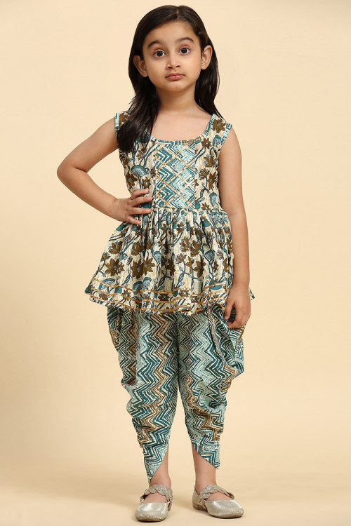 Oat Beige Cotton Printed Girl's Dhoti Suit 