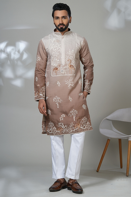 Oat Beige Cotton Silk Men's Kurta Pajama With Printed Work