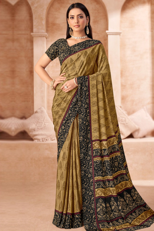 Oat Beige Crepe Printed Casual Wear Saree 