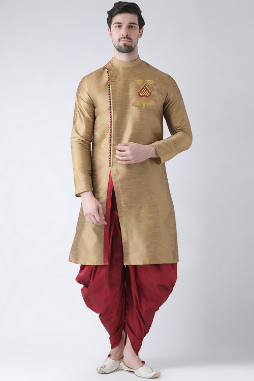 Oat Beige Silk Kurta Dhoti with Zari and Resham Detailing