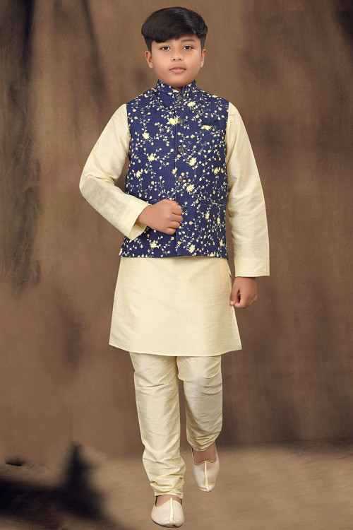 Oat Beige Dupion Silk Plain Jacket Style Boy's Kurta Churidar 