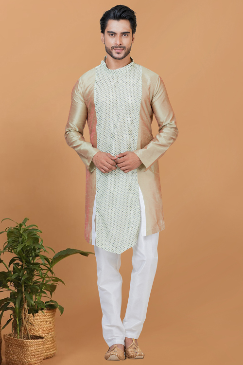 Oat Beige Dupion Silk Printed Men's Kurta Pajama