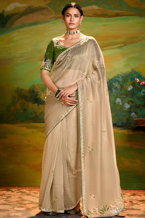 Oat Beige Embroidered Tissue Silk Shimmer Saree 