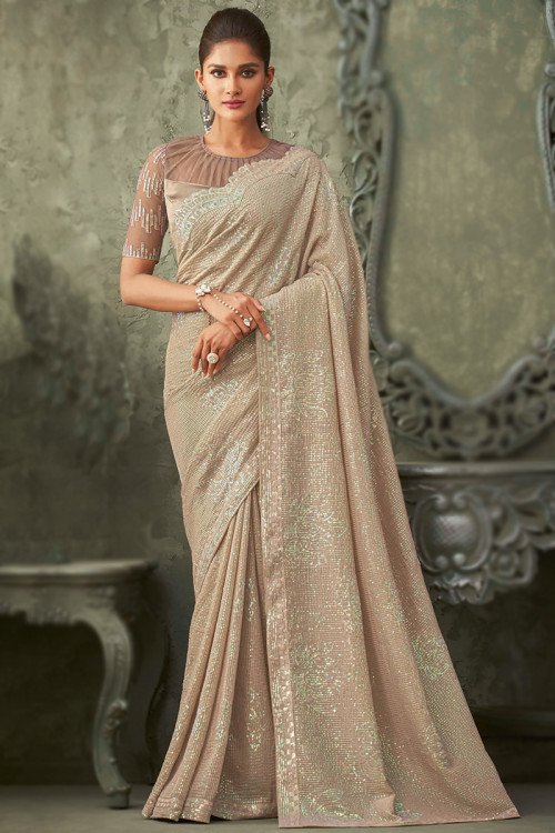 Oat Beige Georgette Embroidered Heavy Saree 