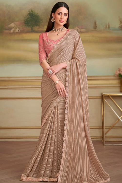 Oat Beige Georgette Embroidered Shimmer Saree 