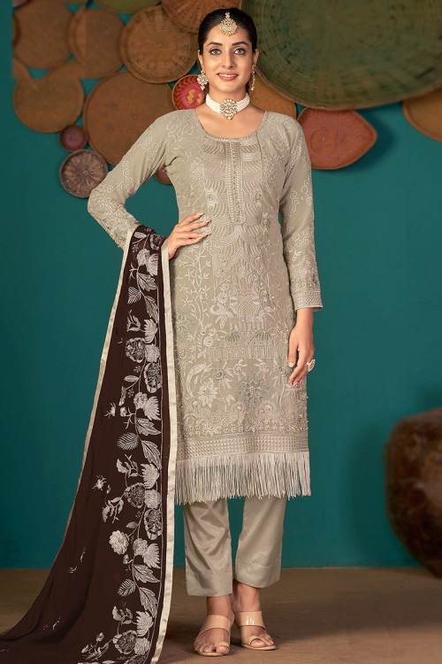 Oat Beige Georgette Embroidered Straight Cut Suit
