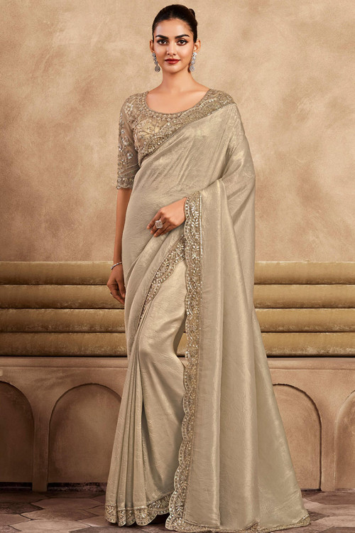Oat Beige Lace Embroidered Silk Light Weight Saree