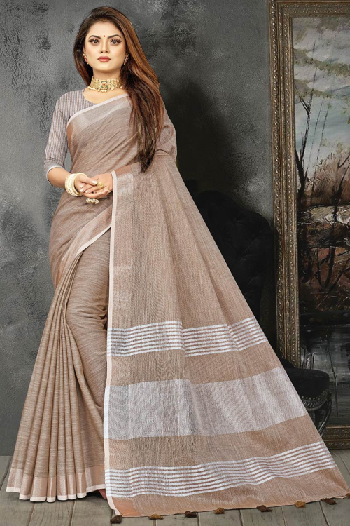 Oat Beige Linen Woven Zari Saree