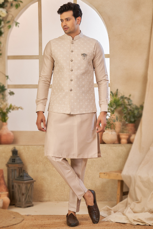 Oat Beige Men's Silk Kurta Pajama With Embroidered Jacket