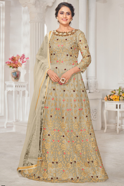 Beige Anarkali Dress Online Latest Designs of Beige Anarkali