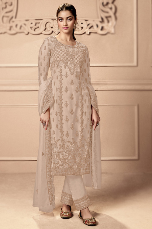 Oat Beige Net Straight Cut Embroidered Trouser Suit