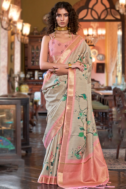 Oat Beige Printed Floral Silk Saree