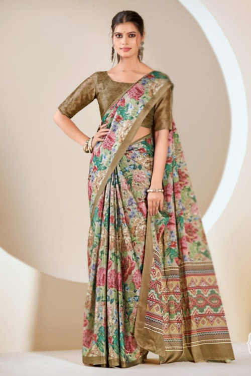 Oat Beige Satin Saree With Printed Work For Festival