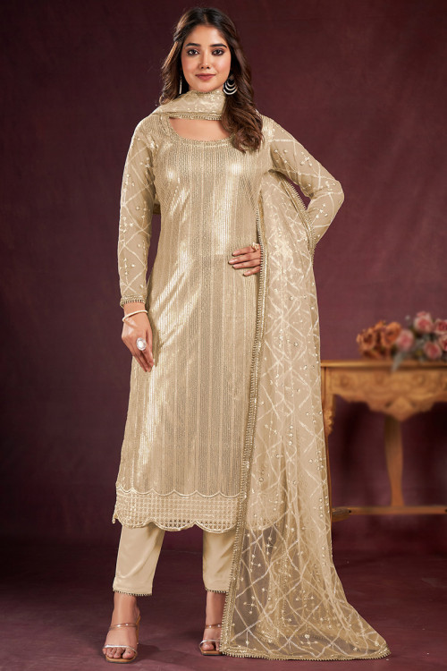 Oat Beige Sequins Embroidered Straight Cut Net Trouser Suit