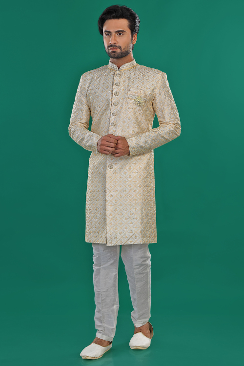 Oat Beige Silk Embroidered Indo Western Men's Sherwani