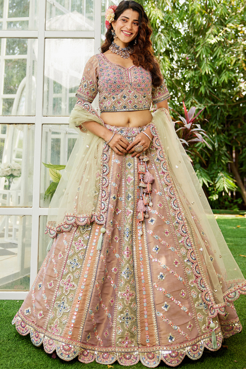 Oat Beige Silk Embroidered Panelled Style Lehenga 