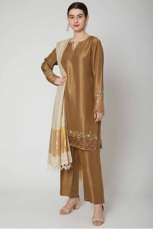 Oat Beige Silk Embroidered Party Wear Trouser Suit