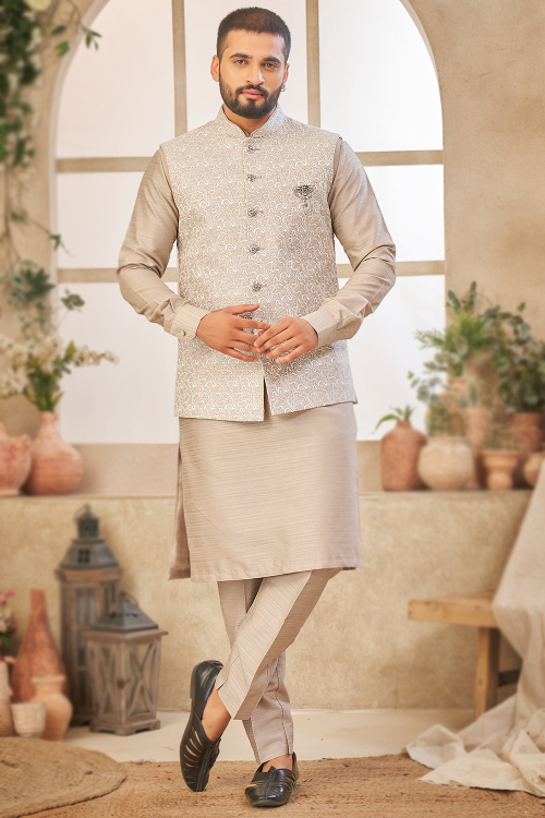 Oat Beige Silk Men's Kurta Pajama With Embroidered Jacket