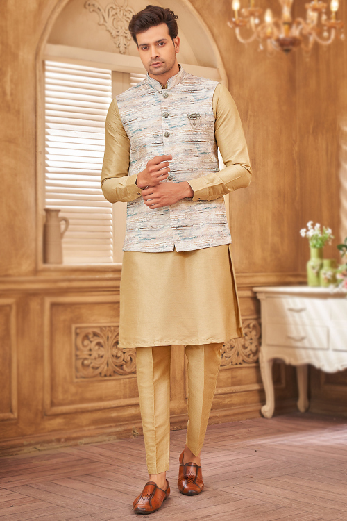 Oat Beige Silk Men's Plain Kurta Pajama With Printed Jacket