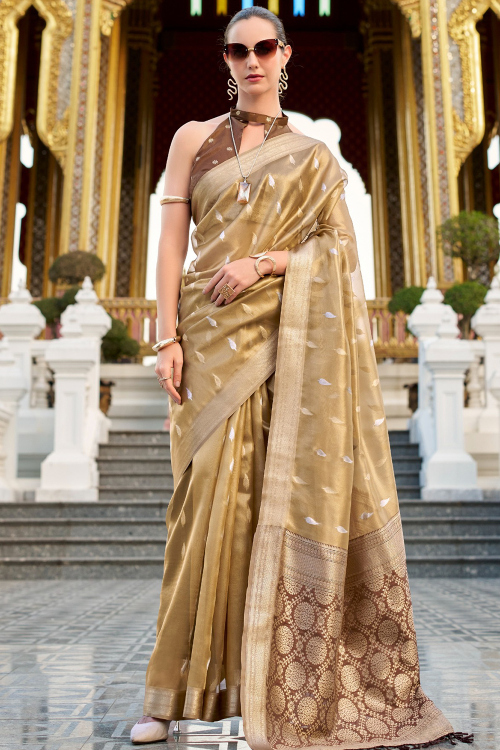 Oat Beige Tissue Saree With Woven Zari Work For Festival 
