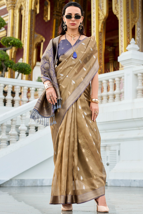 Oat Beige Tissue Saree With Woven Zari Work For Festival 