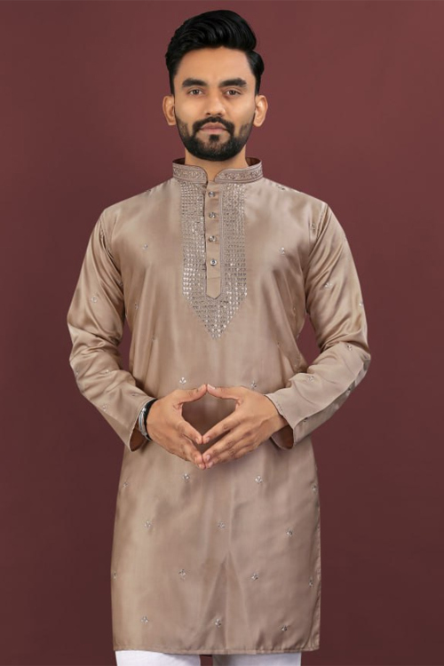 Oat Beige Viscose Silk Embroidered Straight Cut Men's Kurta