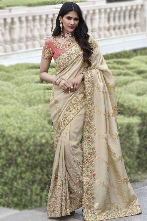 Oat Beige Viscose Silk Woven Zari Light Weight Saree