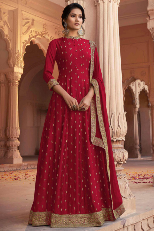 Occasional Red Silk Anarkali Suit With Heavy Embroidered Lace