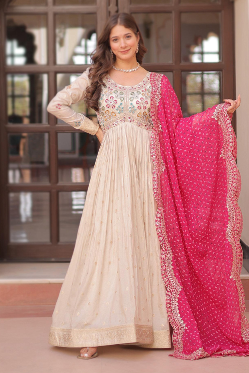 Off White Art Silk Anarkali Suit With Woven Zari Work For Festival
