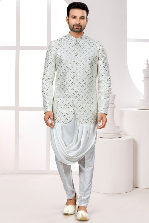 Off-White Art Silk Embroidered Jacket Style Men's Kurta Pajama