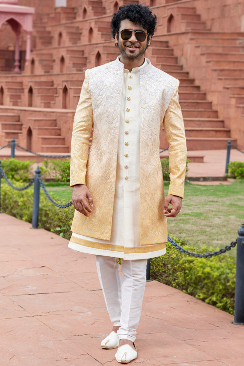 Ivory Art Silk Embroidered Jacket Style Men's Sherwani