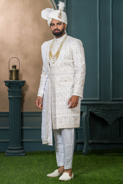 Off White Art Silk Embroidered Men's Sherwani For Wedding