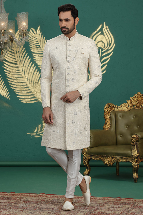Off White Art Silk Embroidered Men's Sherwani For Wedding